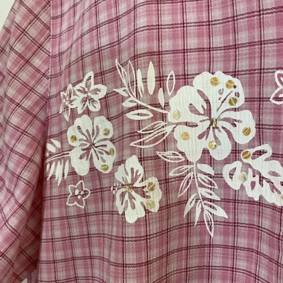 Koret Pale Pink Vintage Tropical Flower Buttons Gingham Sequin Size Large Retro - Picture 4 of 8
